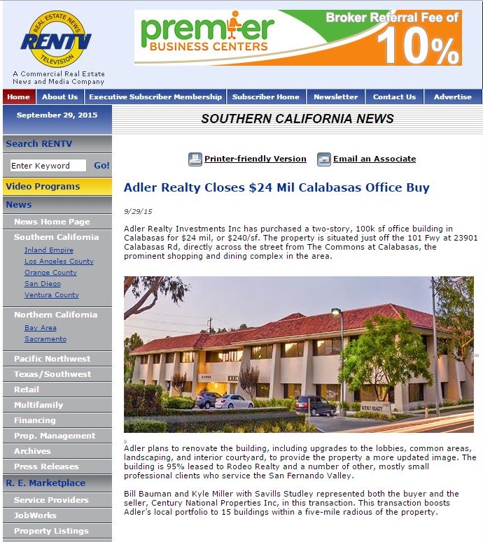 Adler Realty Closes $24 Mil Calabasas Office Buy
