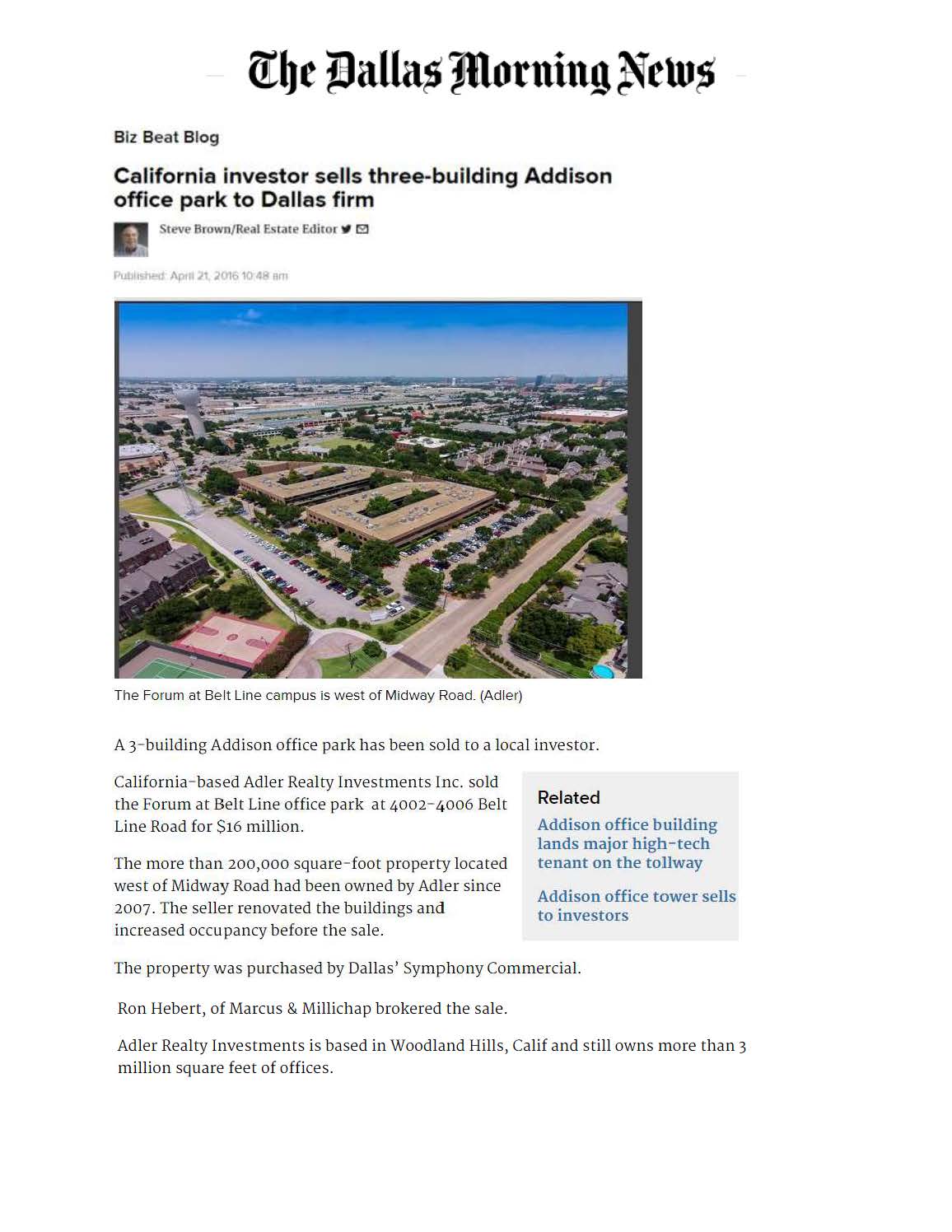 Adler Sells Three Building Addison Office Park